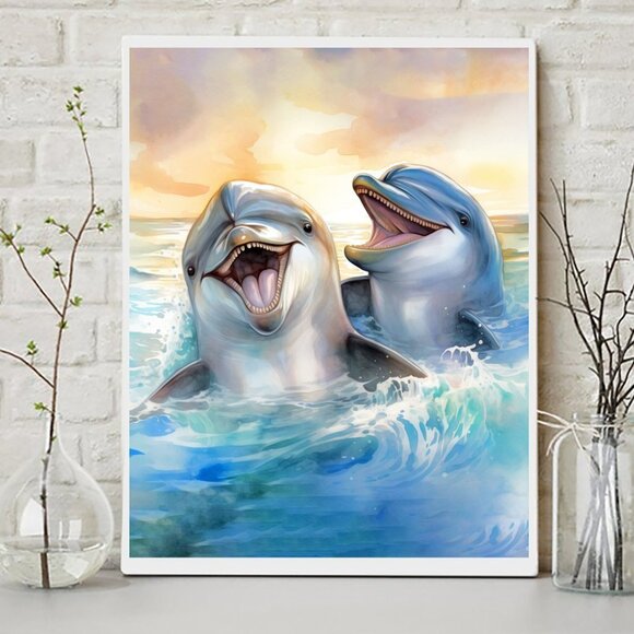NobleCaptures Other - Happy Dolphins‎ Playing Splashing Watercolor Oil Painting Fantasy Art Print